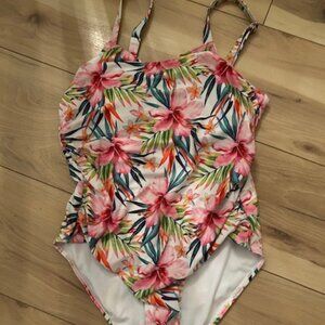 size large white pink floral  womens one piece swim suit colorful large swimming